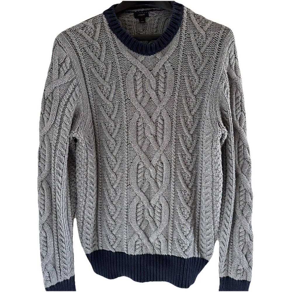 J.Crew Sweater Men Size M Gray Navy Cotton Triple Cable Knit Fisherman Sailing